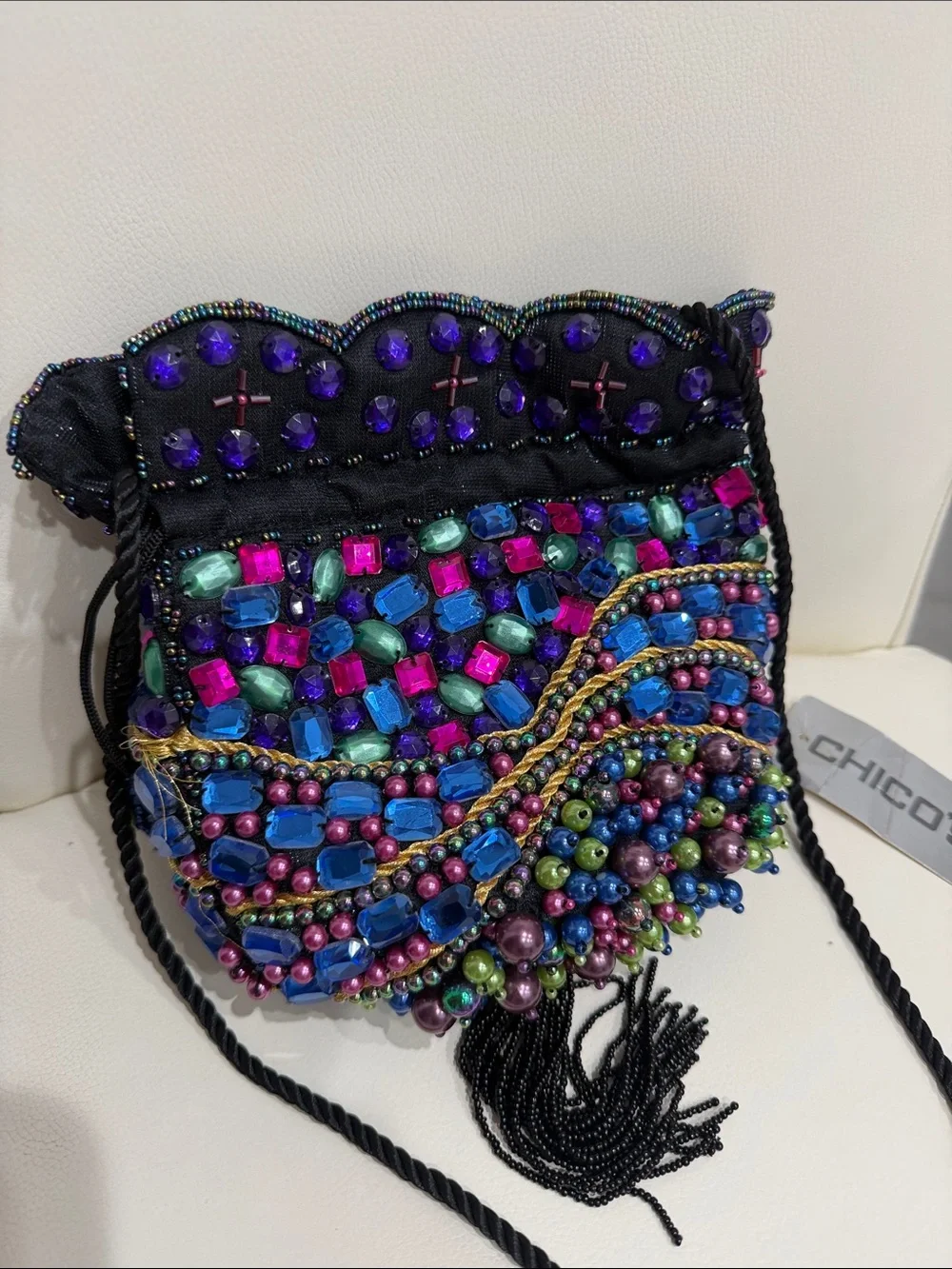 Vintage Chico's  Beaded Black Multicolor Iridescent Drawstring Crossbody Bag